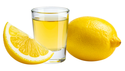 A shot glass filled with yellow liquor next to a sliced and whole lemon