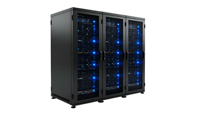 Three dark server racks with glass doors, emitting blue lights, against a black background - Powered by Adobe