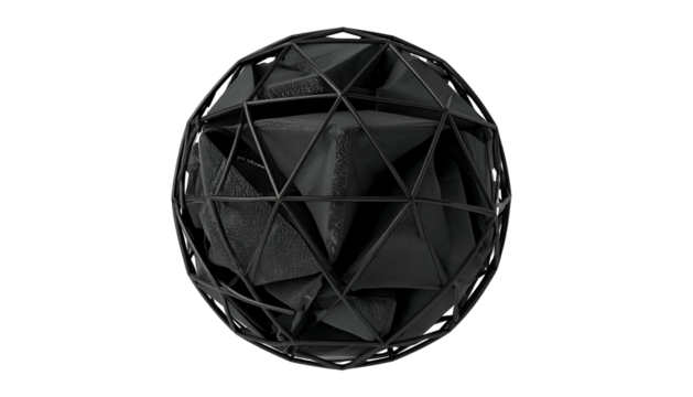 A geometric sphere of black triangles and cage against a stark black backdrop - Powered by Adobe