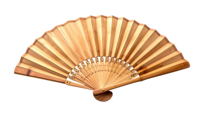 Wooden folding fan with light and dark brown ribs, open on black background