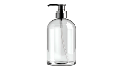 Transparent liquid soap dispenser with silver pump against black background