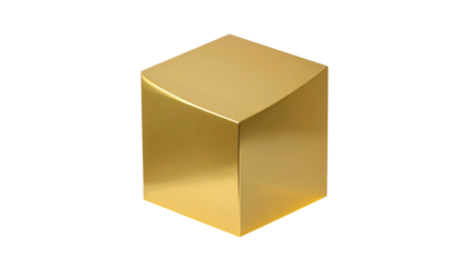 A 3D render of a golden, geometric cube against a solid black background. The cube is metallic and reflective