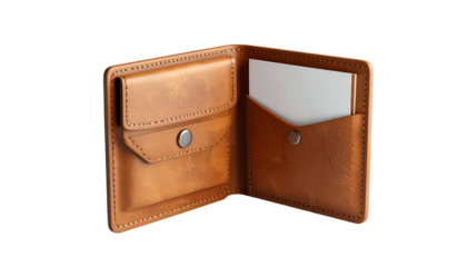 Open tan leather wallet revealing a compartment with a single white card