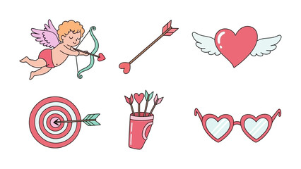 Valentine's Day Icon Set: A collection of charming, hand-drawn vector elements perfect for celebrating love, including a winged heart, Cupid, and heart-shaped sunglasses.