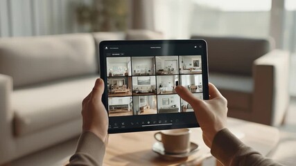 Individual interacts with tablet showcasing various interior design layouts, demonstrating a seamless transition through digital exploration of living spaces - Powered by Adobe