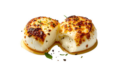 Two creamy cheese mounds, browned on top, one broken open with herbs