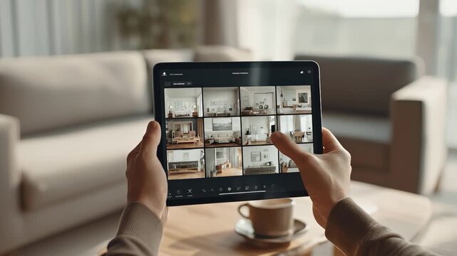 Individual interacts with tablet showcasing various interior design layouts, demonstrating a seamless transition through digital exploration of living spaces