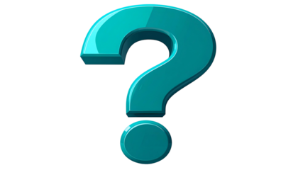 A 3D rendered, shiny, teal question mark floats against a stark black background, emphasizing curiosity
