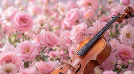 violin and pink flowers on a pink background, free space for text. Stylish background for social media, concert posters, and music album covers. for concert posters, music festivals, and advertising b