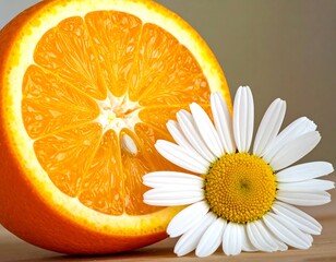 Close-up of a halved, juicy orange beside a delicate white daisy flower with a bright yellow center, set on a wooden surface