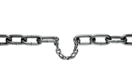 A close-up shot of a metallic chain is broken mid-point, revealing the separation against a stark black background. The focus is sharp