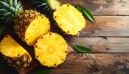 Close-up of a halved and sliced tropical fruit on a wooden surface, with green leaves scattered about