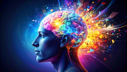 Human Mind with Explosive Colorful Energy Representing Consciousness