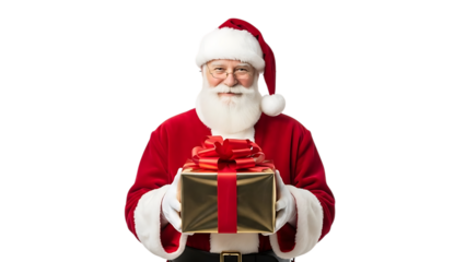 Santa Claus holding a gold gift box with red ribbon Christmas present
