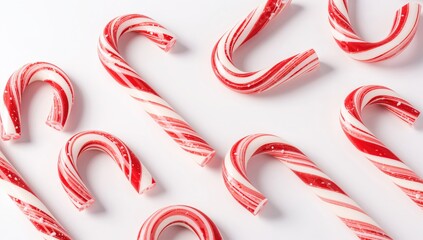 Red and white candy canes pattern scattered on white background creating playful Christmas holiday candy themed design