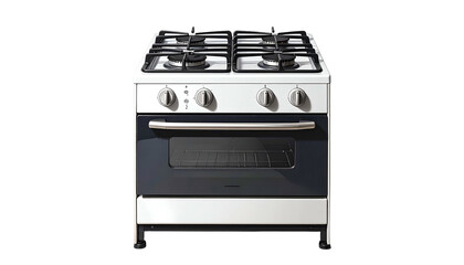 Fototapeta premium A frontal shot of a modern, white and stainless steel gas range with four burners, oven, and control knobs