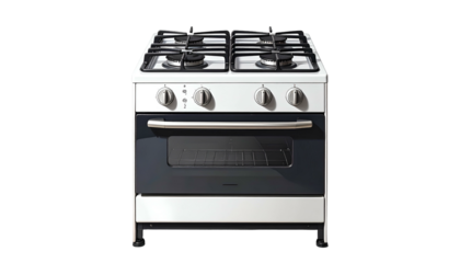 A frontal shot of a modern, white and stainless steel gas range with four burners, oven, and control knobs