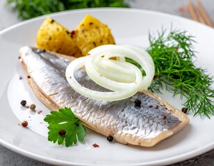 Close-up of a plated seafood dish with potatoes, onions, and herbs on a white plate over a gray background