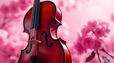 violin and pink flowers on a pink background, free space for text. Stylish background for social media, concert posters, and music album covers. for concert posters, music festivals, and advertising b