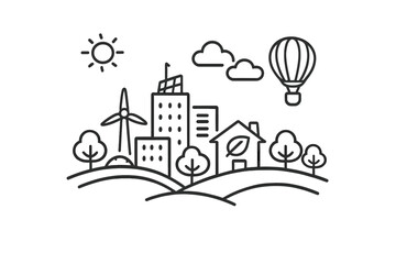Fototapeta premium Eco-friendly city with wind turbine and solar panel, a house with a leaf symbol, trees, and a hot air balloon.