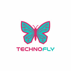 Obraz premium A vibrant butterfly logo with teal wings featuring pink circuit board patterns, paired with modern 