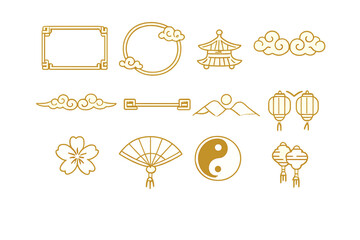 Collection of Chinese-themed icons with golden glow