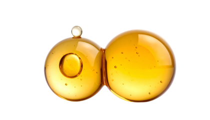 Two golden orbs connected with a smaller sphere and a top droplet against a black background
