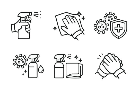 Set of hygiene and safety icons related to disinfection and virus protection.