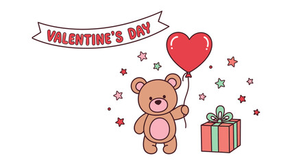 Naklejka premium Sweetheart's Day: An adorable bear, clutching a heart-shaped balloon, stands near a beautifully wrapped gift. This charming illustration is perfect for conveying love, affection.