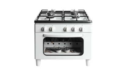 A pristine white freestanding kitchen appliance combining a gas stovetop with four burners and an oven below