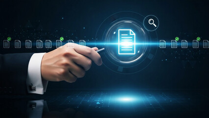 Hand holding magnifying glass over digital document icons with checkmarks image