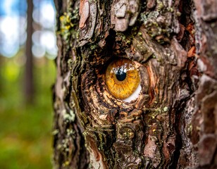Close-up of a tree trunk with a knot resembling an eye, reflecting the surrounding forest environment