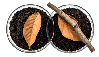 Two petri dishes with dark soil, dried leaves, and a twig, viewed from above