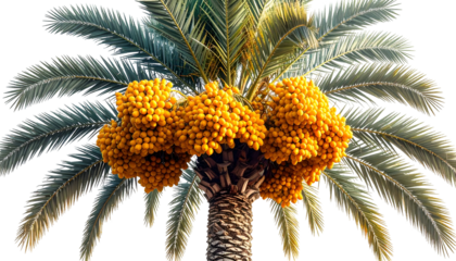 A close-up of a date palm with golden fruit and textured trunk against a black background