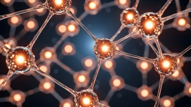 Vista cercana de una estructura molecular brillante con esferas conectadas por l&iacute;neas finas, fondo oscuro