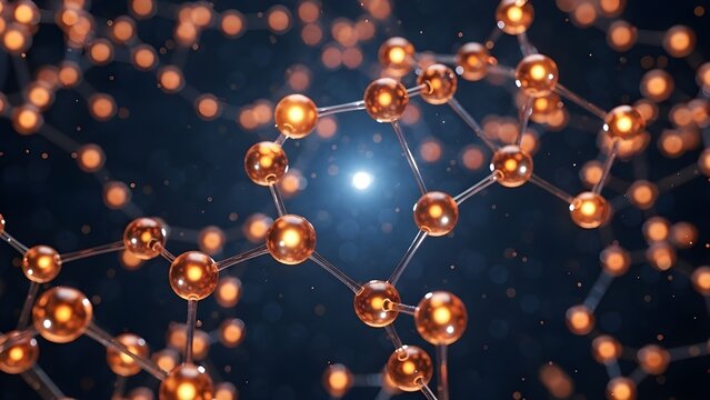 Vista cercana de una estructura molecular brillante con esferas conectadas por l&iacute;neas finas, fondo oscuro