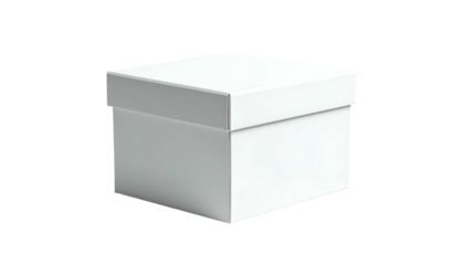 A simple, isolated white square box with a lid, presented on a black background. Clean lines and smooth surface