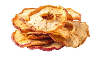 Pile of dried apple slices with golden-brown edges. Shows inner core