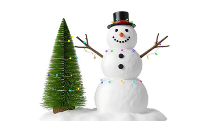 Snowman with Christmas Tree and Colorful Lights on Black Background holiday winter