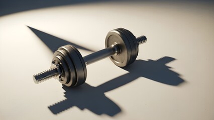Heavy adjustable iron dumbbell lying on floor with dramatic long shadow