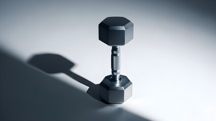 Single hexagonal chrome dumbbell on white background with dramatic shadow for fitness branding