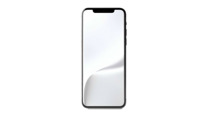 A sleek, modern smartphone with a bright screen displaying a curved, white abstract design against a stark black background