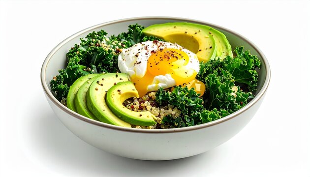 Healthy breakfast bowl with kale avocado and poached egg - Powered by Adobe