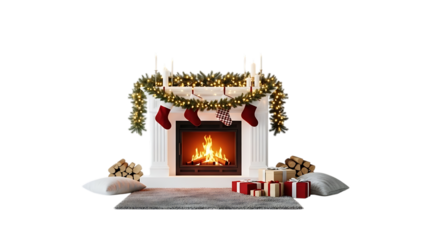 White fireplace with Christmas stockings and glowing fire hearth