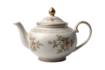 White porcelain teapot with pink roses and gold trim on black ceramic, Png, Isolated on Transparent Background, Cut Out