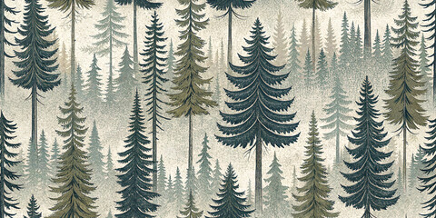 Vintage forest seamless pattern with dense pine trees in hand drawn etching style