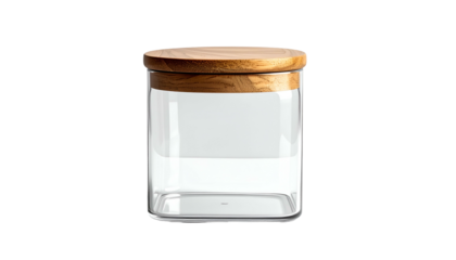 A square transparent container with a wooden lid, set against a black background. Simple and clean product shot highlighting the design