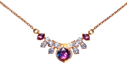 A stunning necklace of gold, featuring a pendant with a large purple gemstone, surrounded by smaller clear and purple stones. The chain dangles below