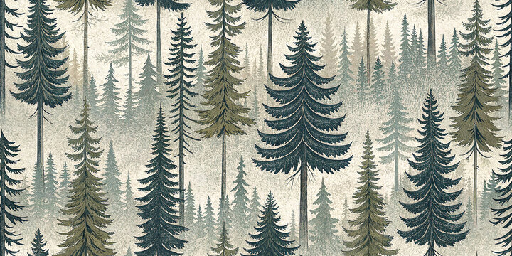 Vintage forest seamless pattern with dense pine trees in hand drawn etching style