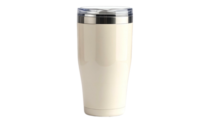 A tall, insulated tumbler with a cream-colored body and a silver rim on top, and a transparent lid